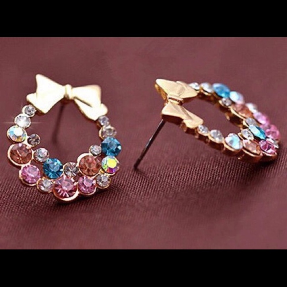 Multi Color Crystal Rhinestone Bowknot Earrings - Picture 2 of 4